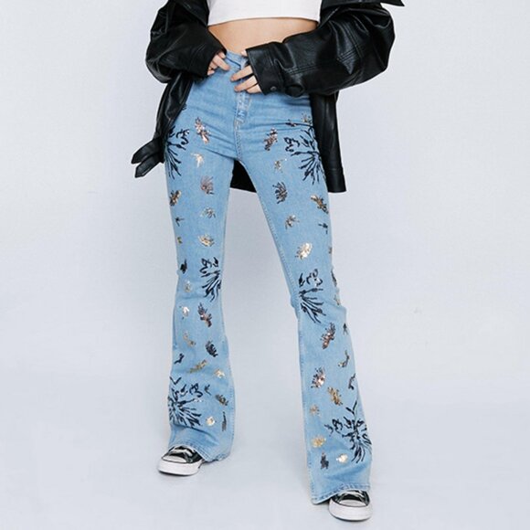 Nasty Gal Sequin Embroidered Flare Jeans Women's Size 8 Festival Boho Flower - Picture 11 of 11